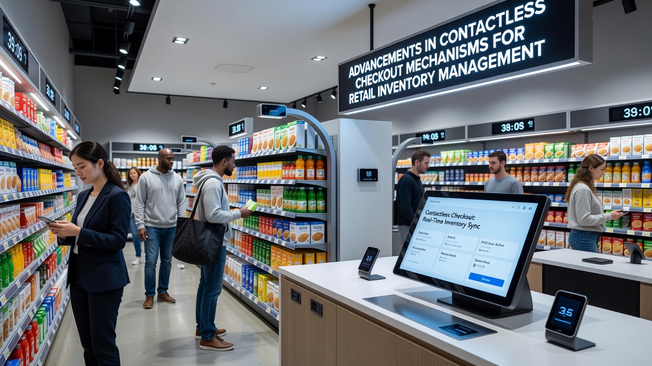 Contactless checkout systems integrated with retail inventory tracking in a modern store environment