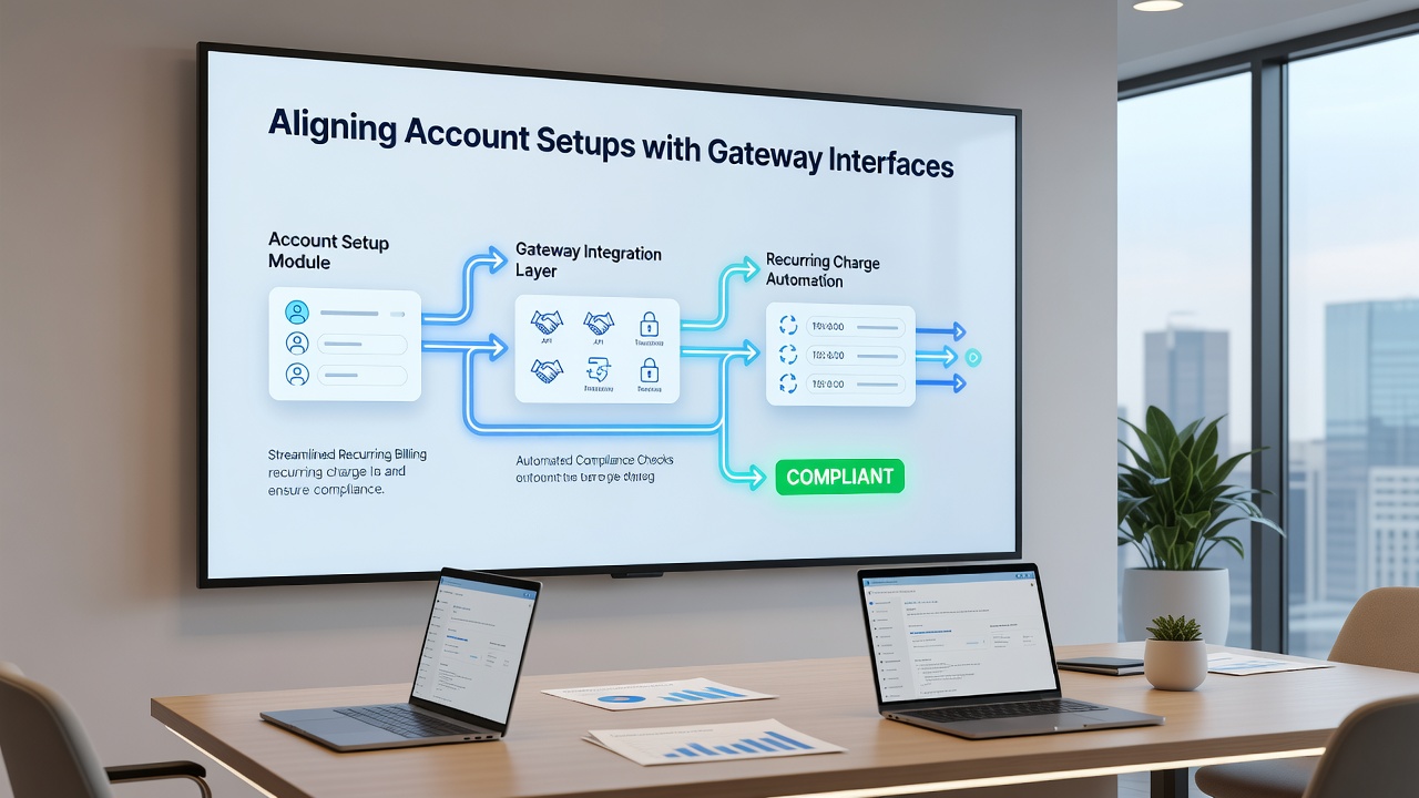 Mobile device displaying synchronized recurring billing dashboard connected to payment gateway