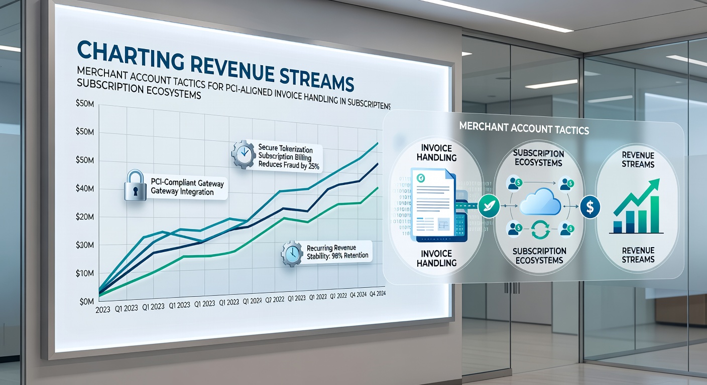 Diagram showing merchant account setup integrated with recurring billing and PCI-compliant invoice workflows in subscription platforms
