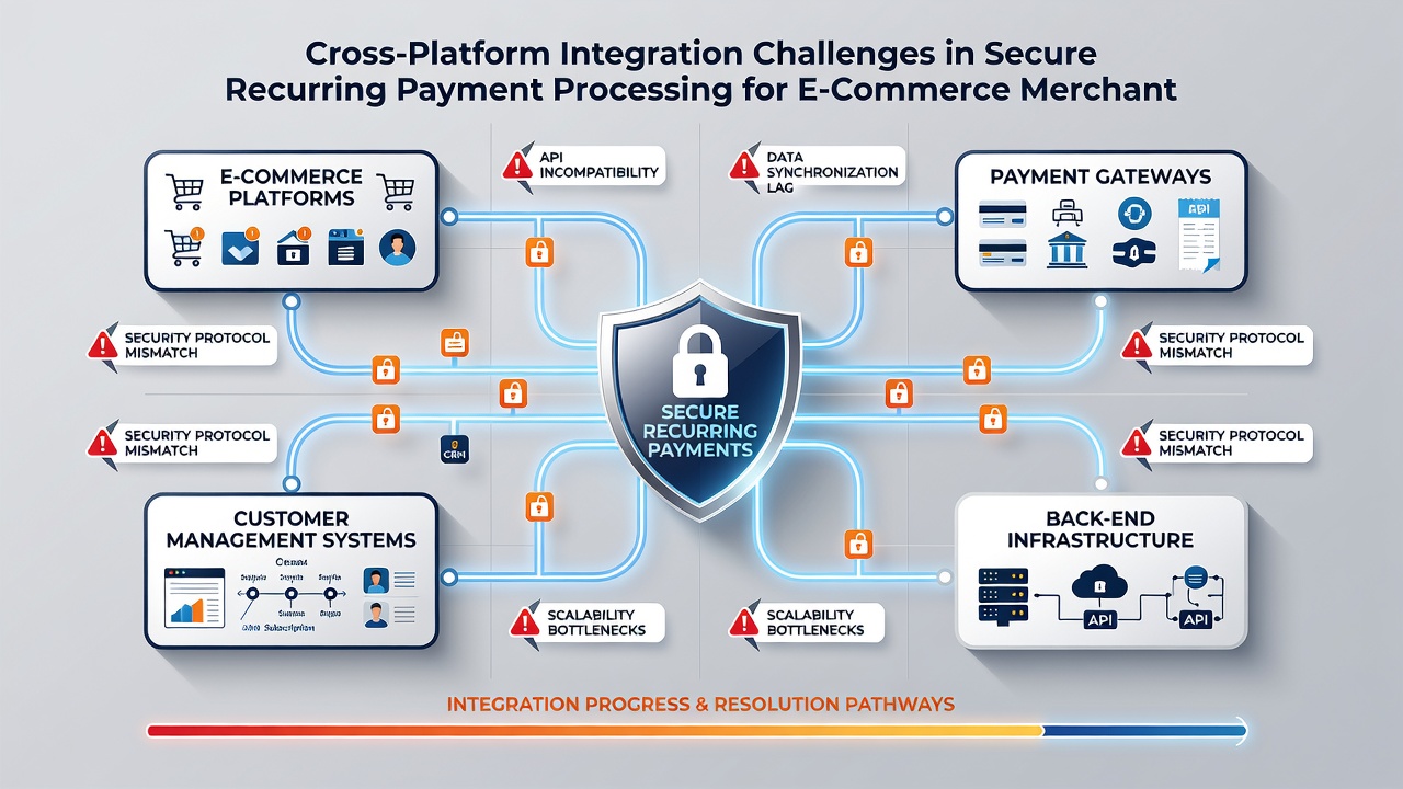 Secure recurring payment workflow showing encrypted connections between billing software, payment gateway, and merchant dashboard