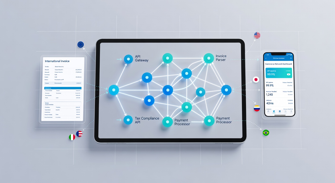 Mobile app interface displaying real-time international invoice processing via API