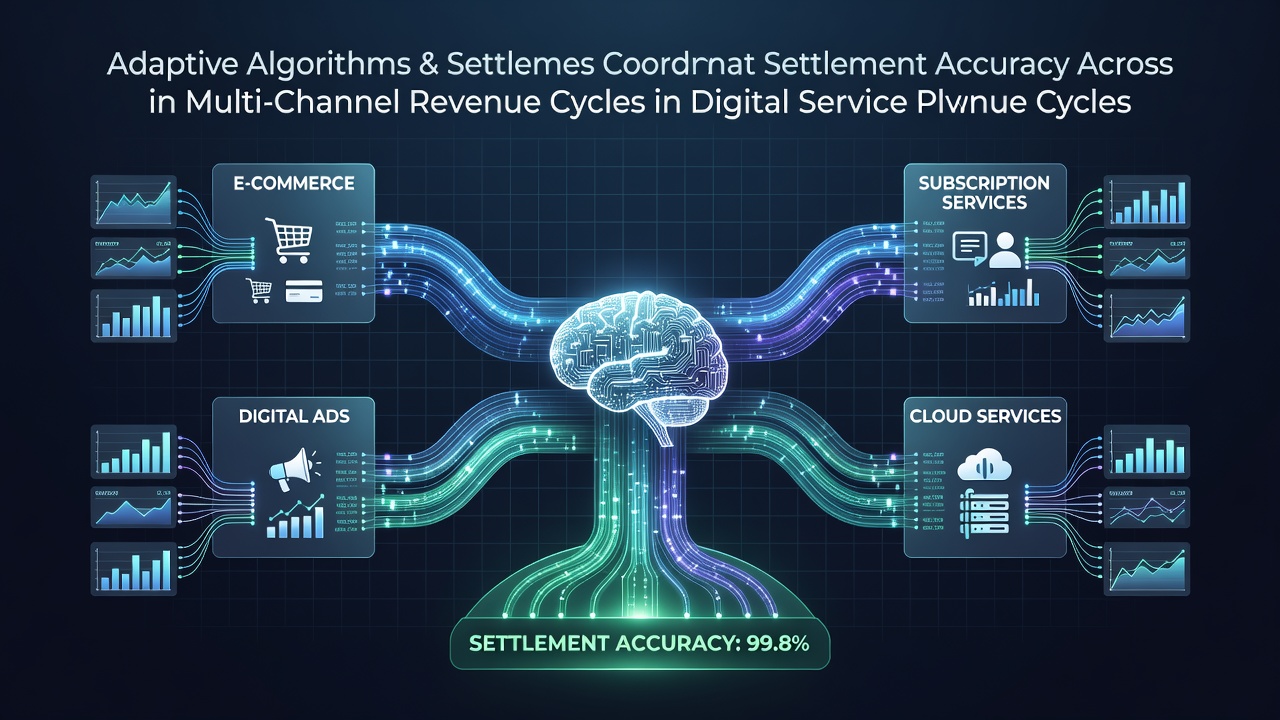 Diagram showing adaptive algorithms processing settlement data across multiple digital service channels including subscriptions and on-demand services