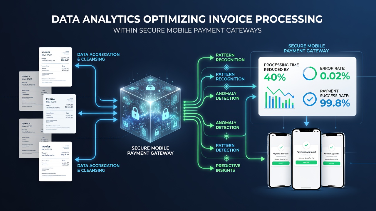 Analytics visualization showing optimized invoice flow through encrypted mobile payment channels