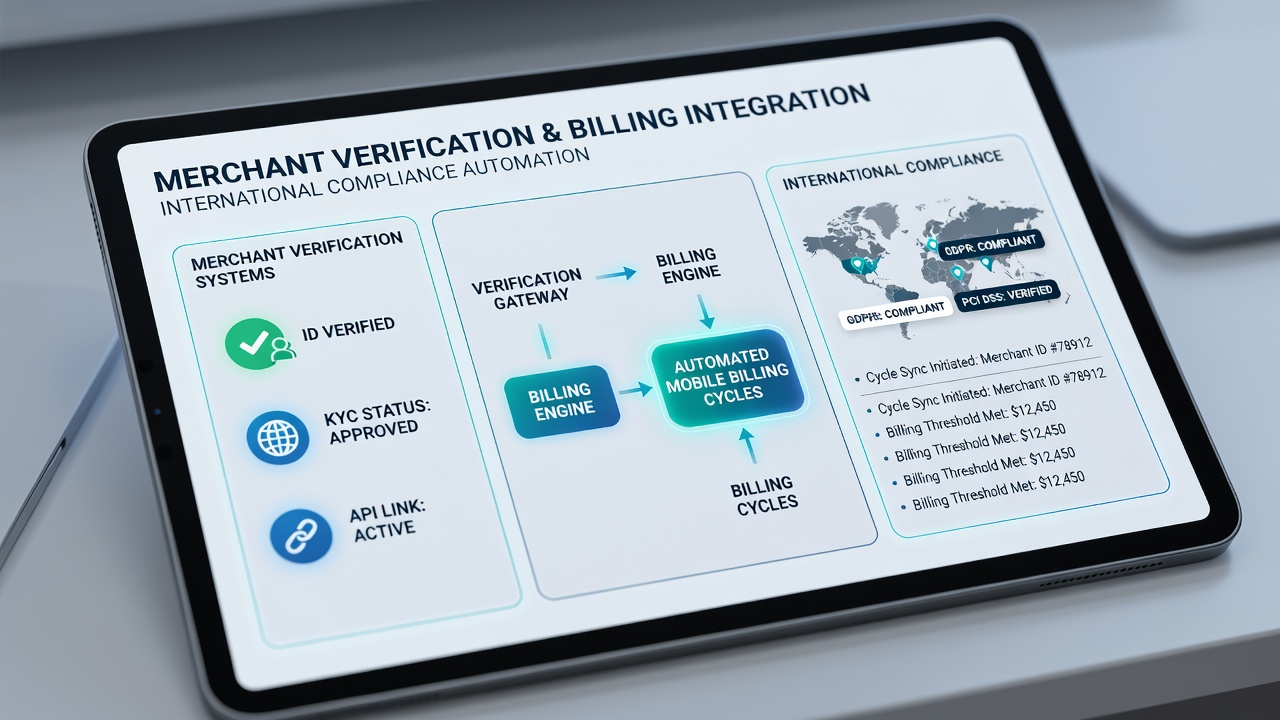 Flow diagram showing data exchange between verification modules and recurring mobile billing cycles