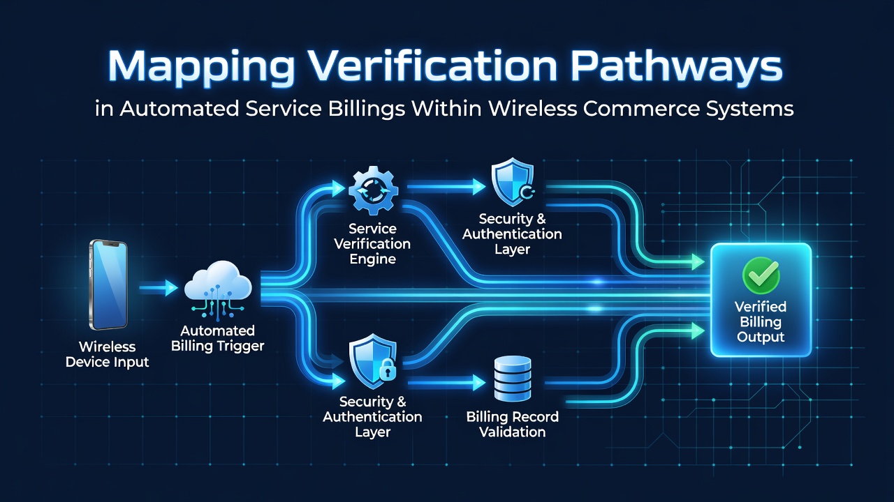 Diagram illustrating verification pathways in automated wireless billing systems with connected nodes and data flows