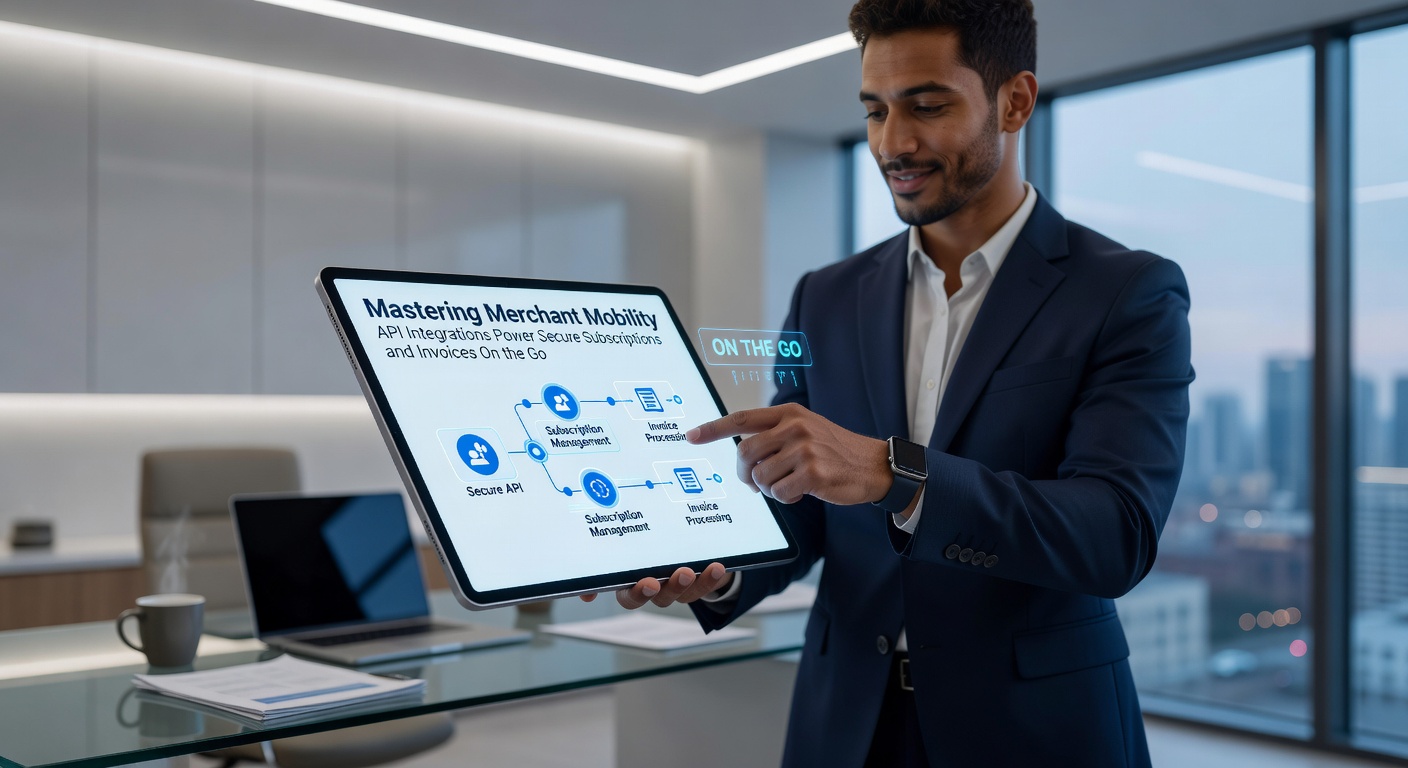 Merchant using mobile device to manage API-integrated subscriptions and invoices in a dynamic urban setting