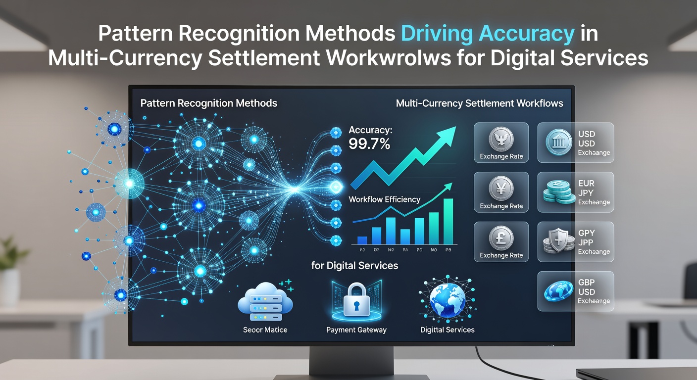Illustration of pattern recognition algorithms analyzing multi-currency transaction data flows in digital settlement systems