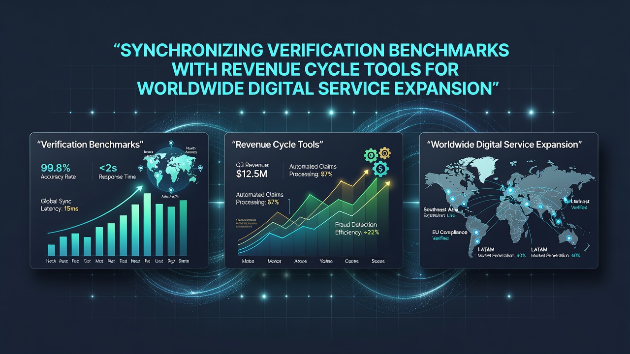Revenue cycle dashboard displaying synchronized verification metrics alongside international billing workflows