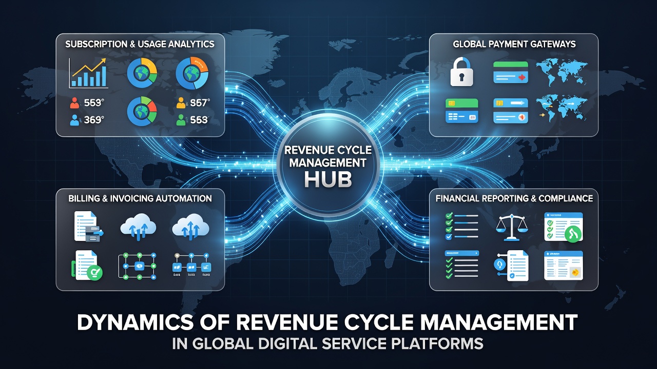 Revenue cycle management workflow diagram for global digital service platforms