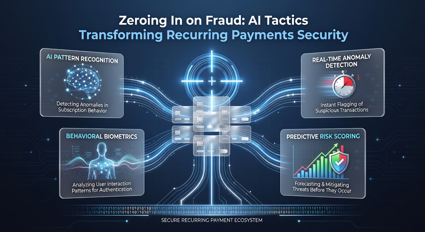 Infographic showing AI-driven fraud detection flowchart for recurring payments, highlighting anomaly detection, behavioral analysis, and real-time blocking stages